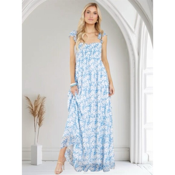 Aakaa Anthropologie Blue Floral Smocked Flutter Strap Maxi Dress Size Small - Picture 1 of 7